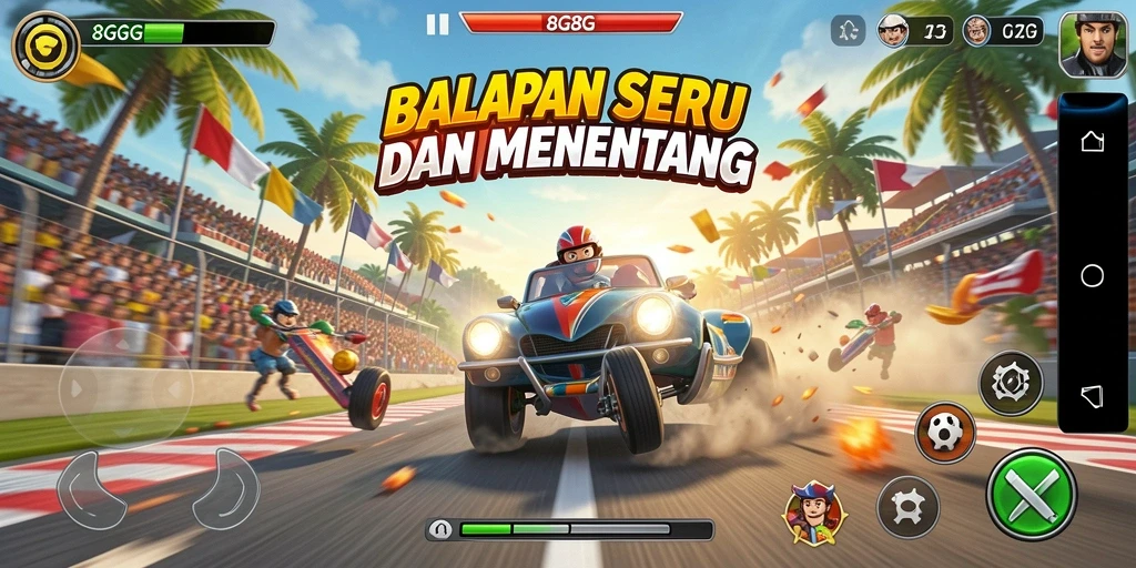 Screenshot utama 8G8G menunjukkan balapan seru dengan kendaraan cepat.