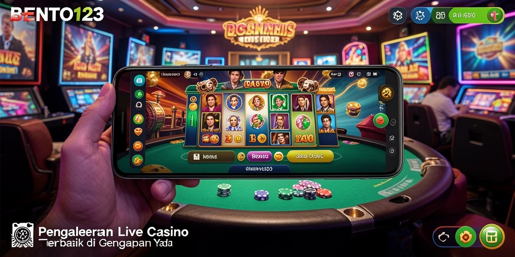 Screenshot gameplay BENTO123 yang menunjukkan dealer nyata dan lingkungan permainan Live Casino.
