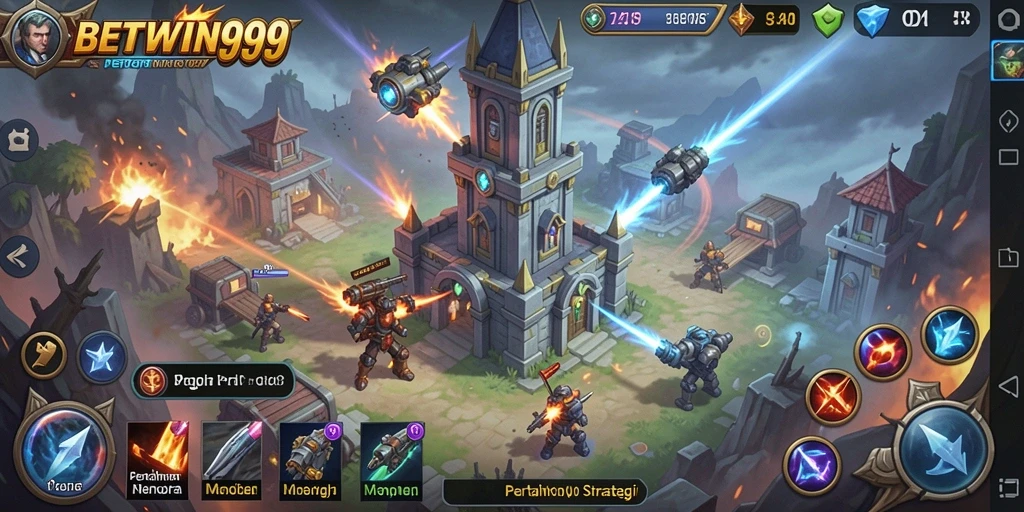Tangkapan layar BETWIN999 menunjukkan aksi menegangkan dalam Tower Defense.