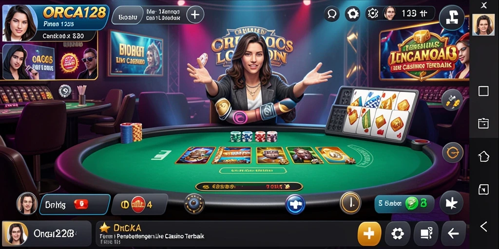 Screenshot ORCA128 menampilkan dealer profesional dan gameplay Live Casino yang menarik.