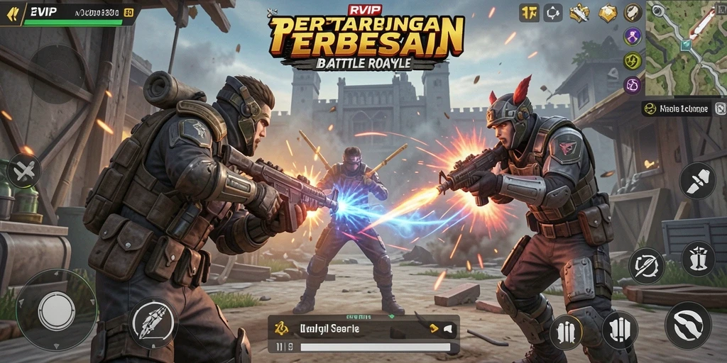Tangkapan layar utama RVIP menampilkan aksi seru di arena Battle Royale.