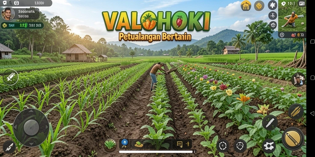 Tampilan menarik gameplay VALOHOKI dengan aktivitas pertanian yang beragam.